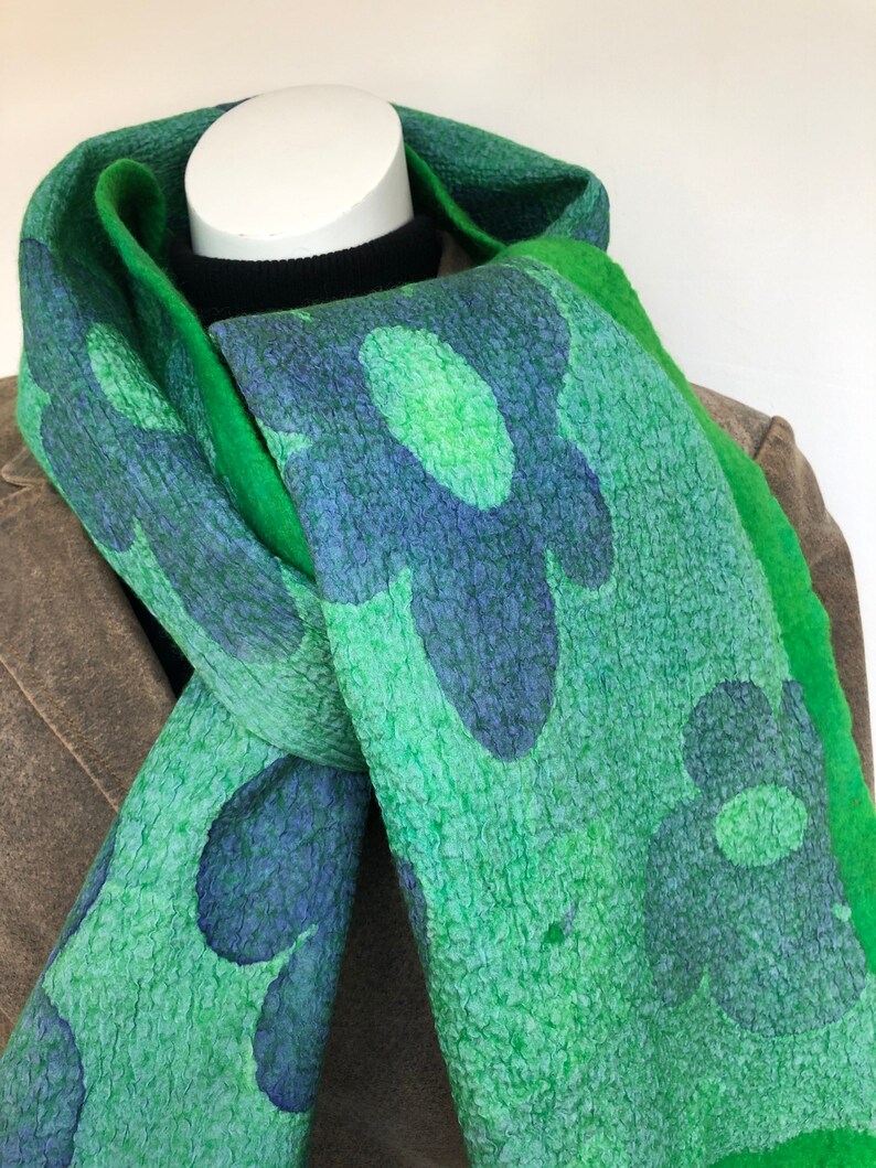 Green felted silk scarf. Nunofelt handmade shawl for women. image 7