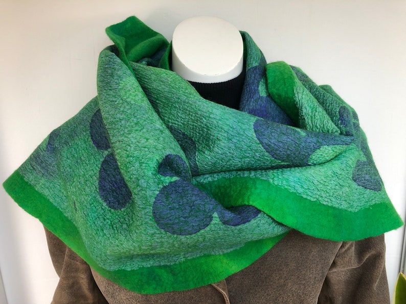 Green felted silk scarf. Nunofelt handmade shawl for women. image 4