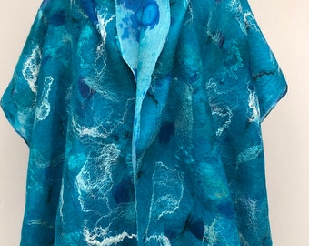 Blue felted silk womens scarf. Nuno felt wrap, shawl.