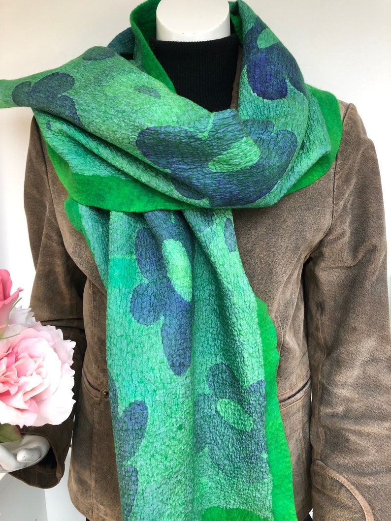 Green felted silk scarf. Nunofelt handmade shawl for women. image 3