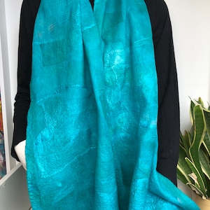 Blue felted silk womens scarf. Nuno felt