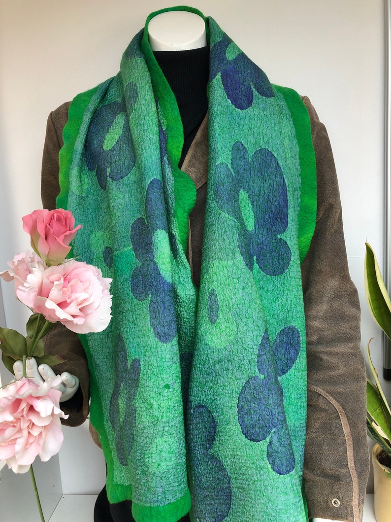 Green felted silk scarf. Nunofelt handmade shawl for women. image 2