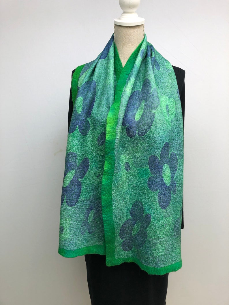 Green felted silk scarf. Nunofelt handmade shawl for women. image 1