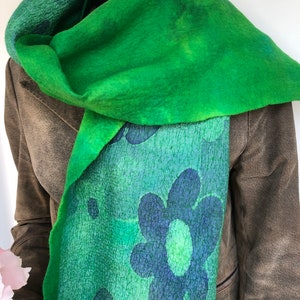 Green felted silk scarf. Nunofelt handmade shawl for women. image 10