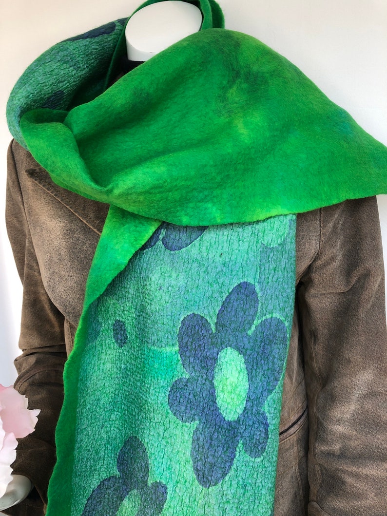 Green felted silk scarf. Nunofelt handmade shawl for women. image 10