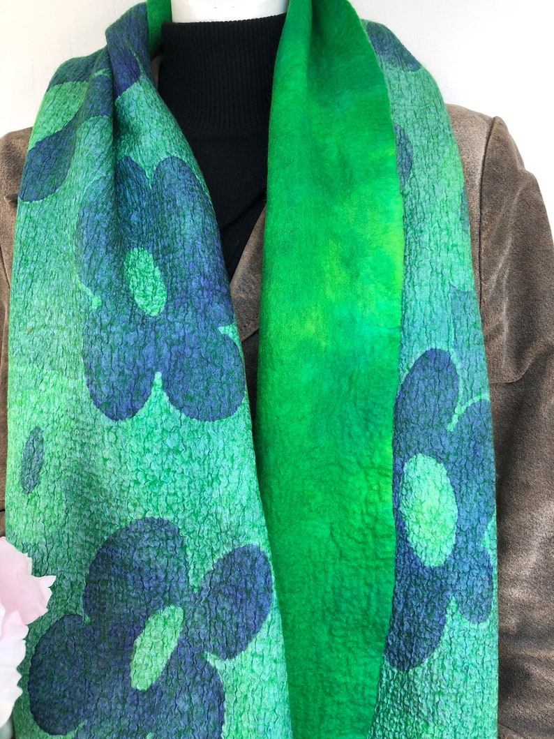 Green felted silk scarf. Nunofelt handmade shawl for women. image 9