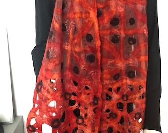 Luxuary red orange felted silk scarf