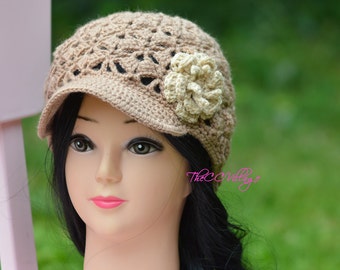 Brown Crochet Womens Hats, Handmade Teen Hat, woman Cap , Crochet Beanie, with beige flower