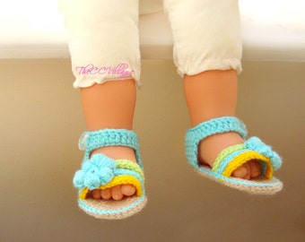 Aqua uncinetto bambino Sandali, fatti a mano all'uncinetto ragazza scarpe verde e giallo con fiore