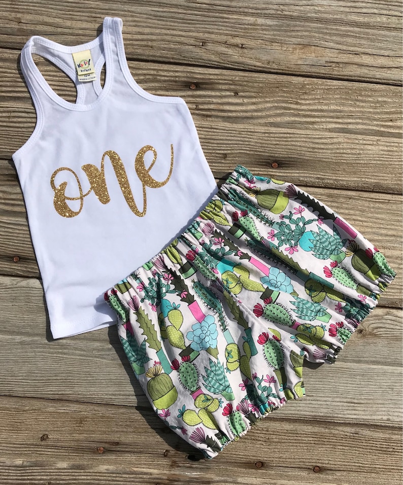 glitter cactus bloomer short and tank top set First birthday girl set 1st birthday girl outfit cactus birthday llama cake smash set