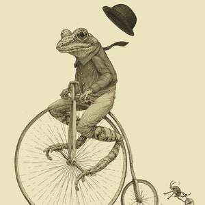 Frog on Bike Print 8x10, 11x14, 16x20 Old Time Bicycle Art Print, Frog Art, Animal Art Animal on Bike image 1