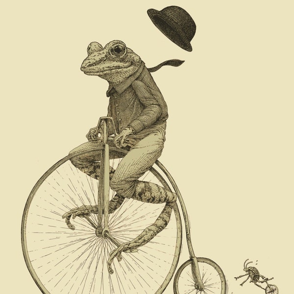 Frog on Bike Print 8x10, 11x14, 16x20 Old Time Bicycle Art Print, Frog Art, Animal Art Animal on Bike