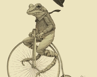 Frog on Bike Print 8x10, 11x14, 16x20 Old Time Bicycle Art Print, Frog Art, Animal Art Animal on Bike