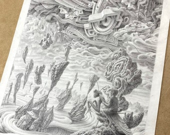 The Mantis and Her Boy - Original pencil drawing or Limited Edition Print of 35, signed and numbered, surreal art, surrealism, fantasy art