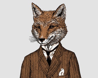 Dapper Fox Animal Print, Woodland Animals, Hipster Art Print, Fox Drawing, Animal Art,  Dorm Art, Fox Decor, Fox Art, Fox Print