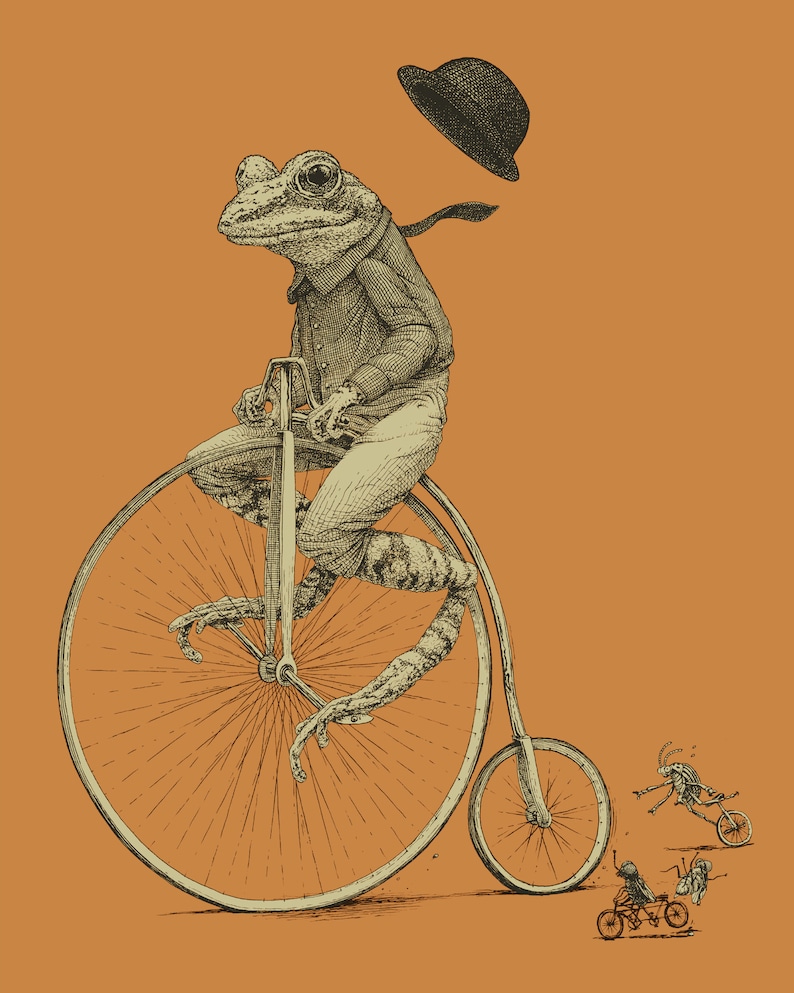 Frog on Bike Print 8x10, 11x14, 16x20 Old Time Bicycle Art Print, Frog Art, Animal Art Animal on Bike image 3