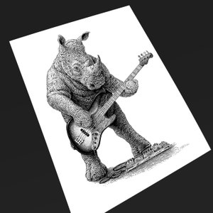 Rocking Rhino Print - Animal Art - Rock and Roll Print - Bass Player Gift - Rhinoceros Art