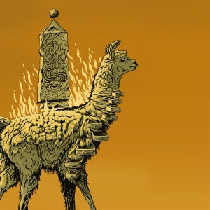 K&ouml;nnte beinhalten: Ein Lama mit einer Steinstruktur auf dem R&uuml;cken, umgeben von Flammen. Das Lama blickt nach rechts und hat ein detailliertes, strukturiertes Design.
