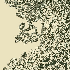 May include: A detailed black and white line drawing of a large tree with intricate branches and roots. The tree is drawn in a stylized, almost whimsical way, with the branches and roots forming a complex pattern.