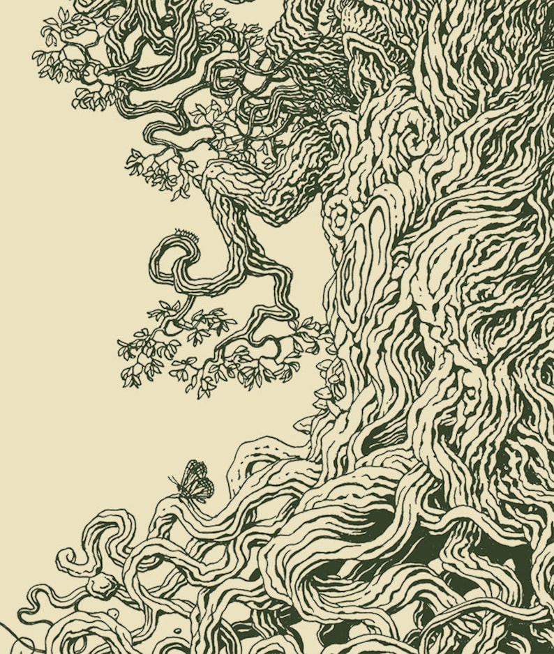 May include: A detailed black and white line drawing of a large tree with intricate branches and roots. The tree is drawn in a stylized, almost whimsical way, with the branches and roots forming a complex pattern.