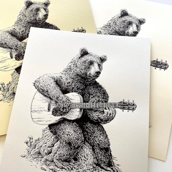 Bear Guitar Screen Print or Original Ink Drawing, Animal Art, Music Art, Guitar Gift