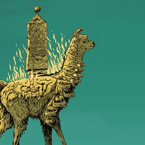 K&ouml;nnte beinhalten: Eine stilisierte Illustration eines Lamas mit einem goldenen, verzierten Turm auf dem R&uuml;cken. Das Lama steht auf einem gr&uuml;nen Hintergrund. Der Turm hat ein dekoratives Design und ist mit einer kleinen Kugel gekr&ouml;nt.