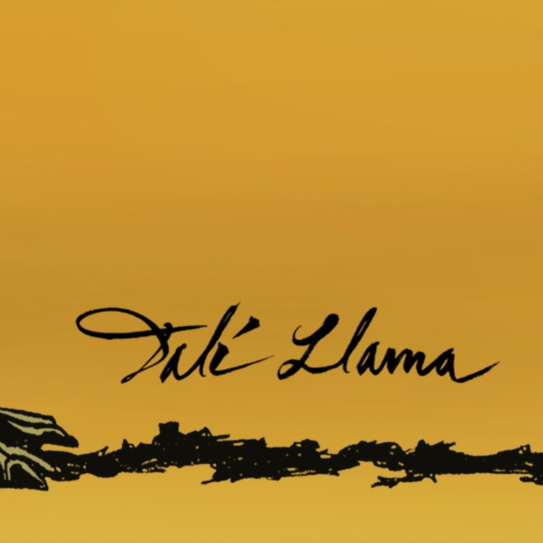 K&ouml;nnte beinhalten: Eine Schwarzwei&szlig;illustration einer Hand, die sich zum Text "Juli Llama" auf gelbem Hintergrund ausstreckt.