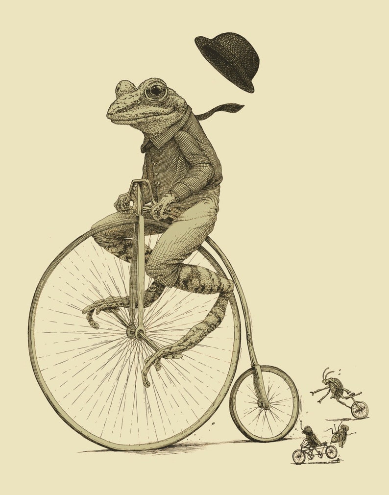 Frog on Bike Print 8x10, 11x14, 16x20 Old Time Bicycle Art Print, Frog Art, Animal Art Animal on Bike image 1