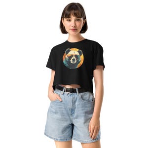 パンダ ベア クロップトップ Tシャツ、かわいいパンダ グラフィック T シャツ、サングラスをかけたパンダ シャツ、クールなパンダの衣装、面白いパンダのアパレル、動物愛好家へのギフト