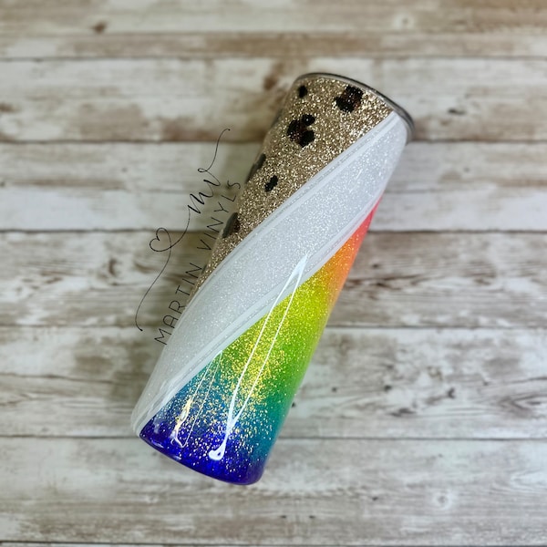 SALE Ready To Ship 20 oz skinny V Split Leopard Neon Rainbow Tumbler