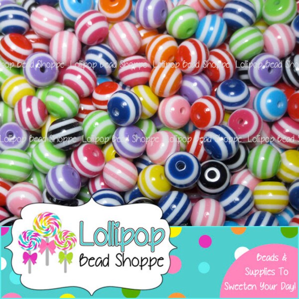 10mm STRIPED Beads Colorful Stripe Beads Resin Beads Round Plastic Beads 50 MIX Bubblegum Beads Bubble Gum Beads Bottle Cap Beads