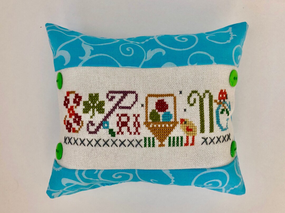 Sampling Easter Pillow, Blue, Cross Stitch, Finished, Completed Etsy