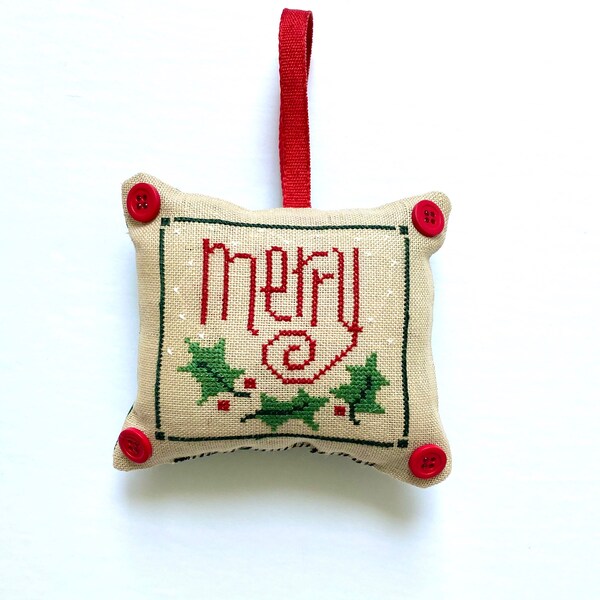Christmas sampler cross stitch, Merry, green, red, ornament , finished, completed, holiday