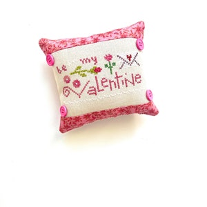 Valentine's Day Be Mine white and pink cross stitch pillow, finished,  completed, pin cushion, gift
