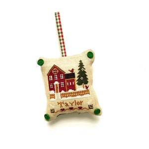 Holiday home personalized last name Christmas tree ornament, cross stitch, FREE SHIPPING