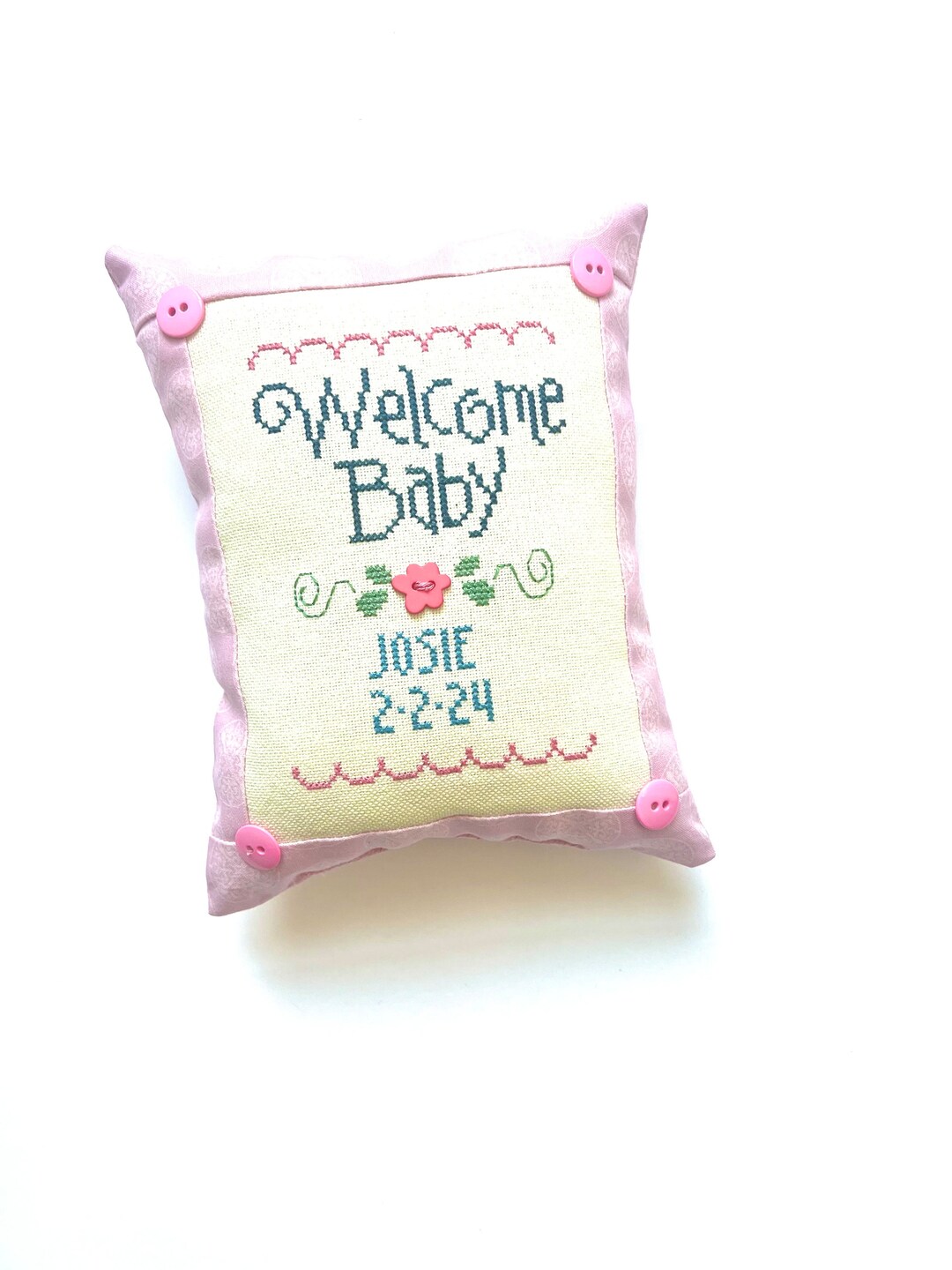 Pink Baby Girl Birth Announcement Pillow, Name, Date, Cross Stitch ...