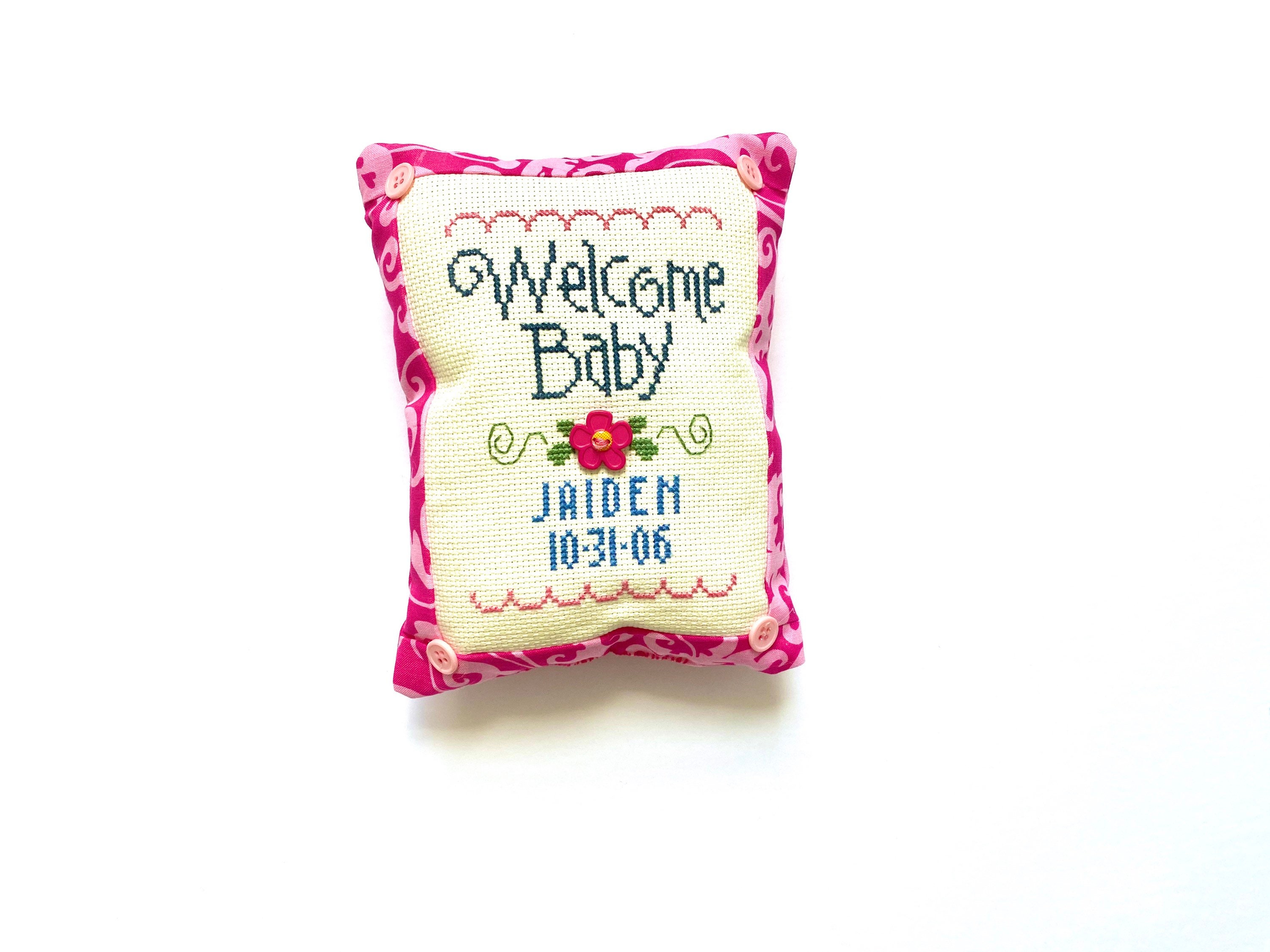 Pink Baby Girl Birth Announcement Pillow, Name, Date, Cross Stitch ...