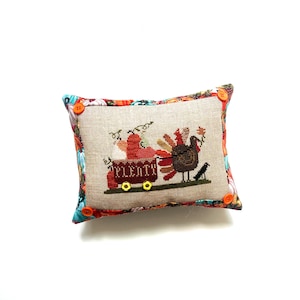 Thanksgiving of Plenty Cross Stitch Pillow – Turkey & Pumpkin Autumn Decor – Rustic Fall Throw Pillow – Handmade Country Farmhouse Accent