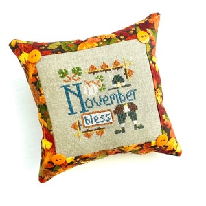 Thanksgiving sampler November cross stitch pillow, completed, finished, FREE SHIPPING