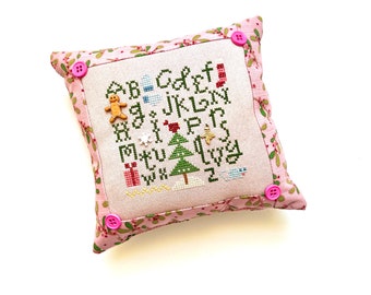 Christmas cross stitch sampler, Merry Christmas Alphabet finished, completed, pink, red, green