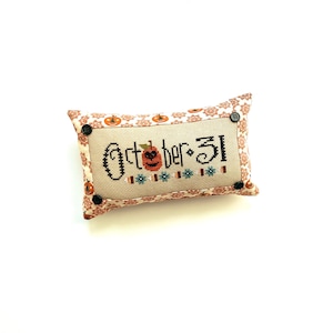 Halloween Jack-o-lantern, October 31, pillow, cross stitch, finished, completed