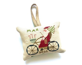 Santa Claus Christmas ornament, personalized, bicycle, tree, cross stitch, finished, completed