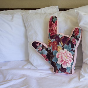 ILY I Love You Hand Shape Pillow // Gold Metallic Floral Design with Pink Trim// No. 35 image 1