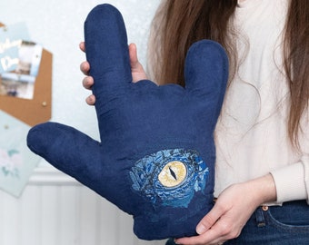 ASL ILY Pillow (I Love You) Hand Shape // Golden Dragon Eye Embroidery on Navy Blue Suede Fabric // Pillow no. 636