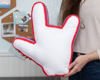 ASL ILY Pillow (I Love You) Hand Shape // Red, White and Blue Crochet Trim Around White Cotton Fabric // Pillow no. 572