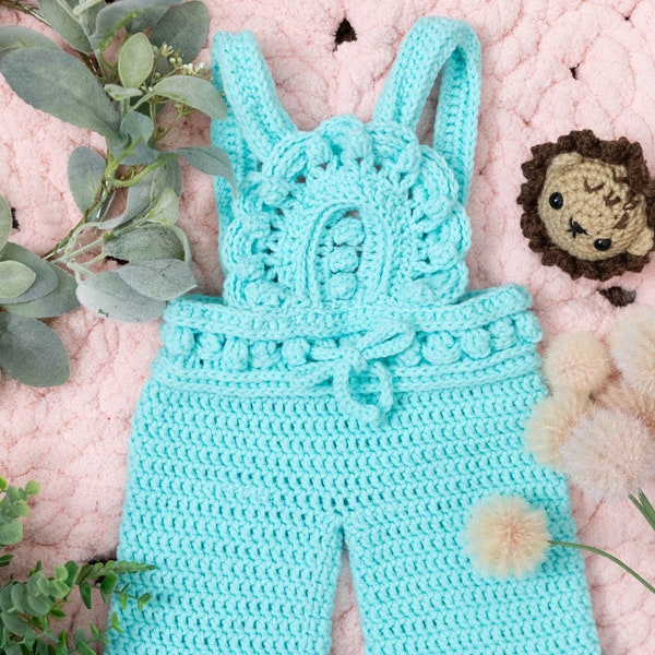 Crochet Baby Overalls 0-3 Months // Adjustable Button Straps // Aqua Blue