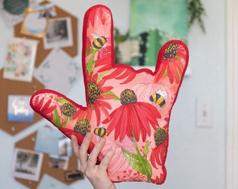 ASL ILY Pillow (I Love You) Hand Shape // Pink and Red Cone Flowers with Bubblebees on Cotton Fabric // Choose Your Design