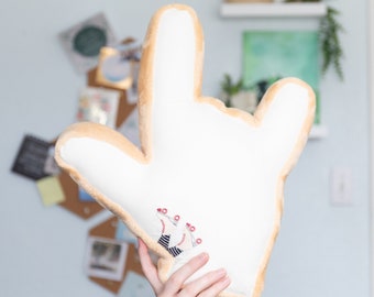 ASL ILY Pillow (I Love You) Hand Shape // Pink Rollerskate Embroidery on Cream Cotton Fabric with Orange Microplush Fabric // Pillow no. 558