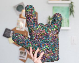 ASL ILY Pillow (I Love You) Hand Shape // Rainbow Stars and Moons Print Fabric // Choose Your Design