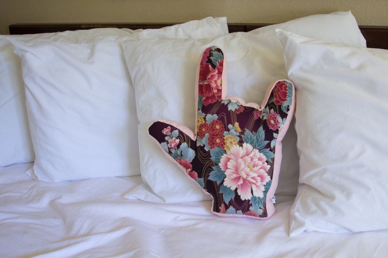 ILY I Love You Hand Shape Pillow // Gold Metallic Floral Design with Pink Trim// No. 35 image 1
